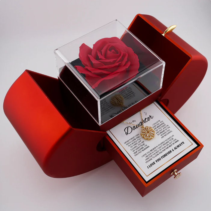 Daughter's 4-Leaf Clover "Lucky Charm" Necklace and Forever Rose Gift Box