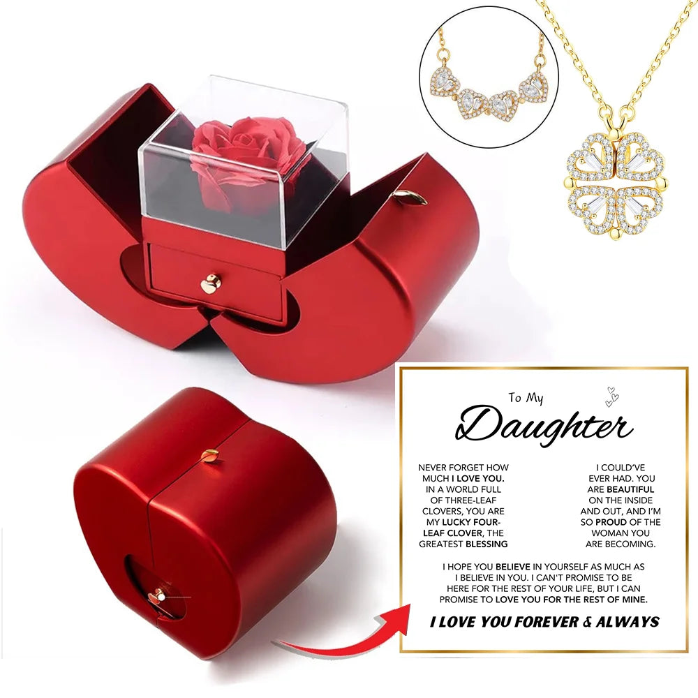 Daughter's 4-Leaf Clover "Lucky Charm" Necklace and Forever Rose Gift Box