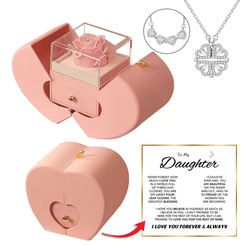 Daughter's 4-Leaf Clover "Lucky Charm" Necklace and Forever Rose Gift Box
