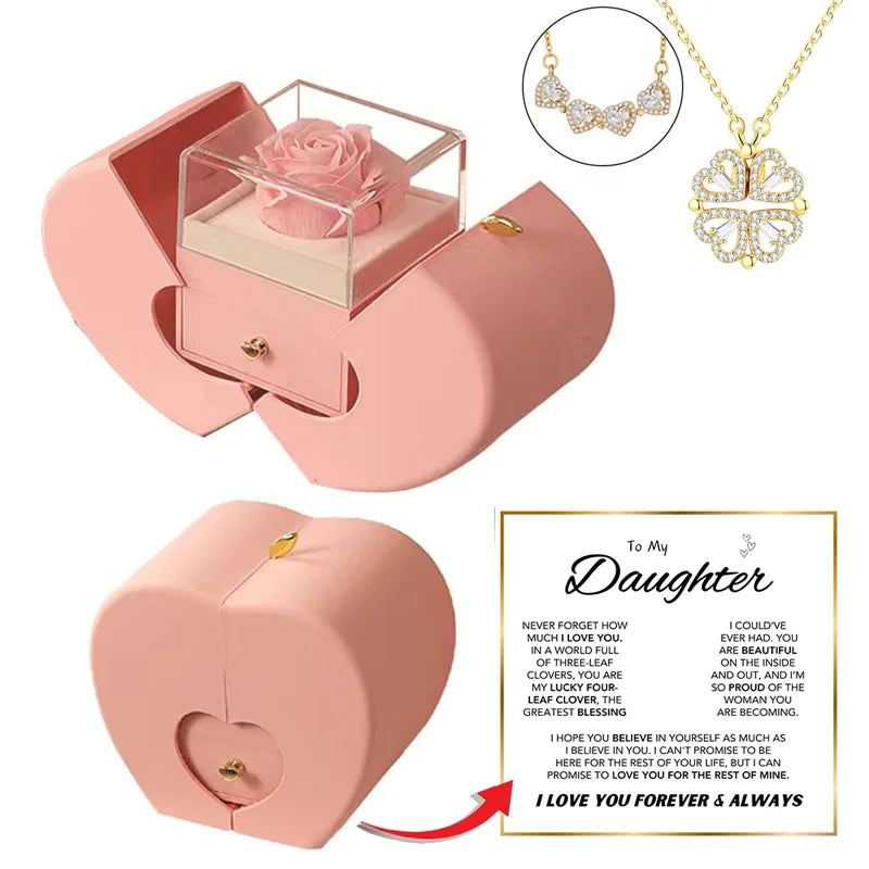 Daughter's 4-Leaf Clover "Lucky Charm" Necklace and Forever Rose Gift Box