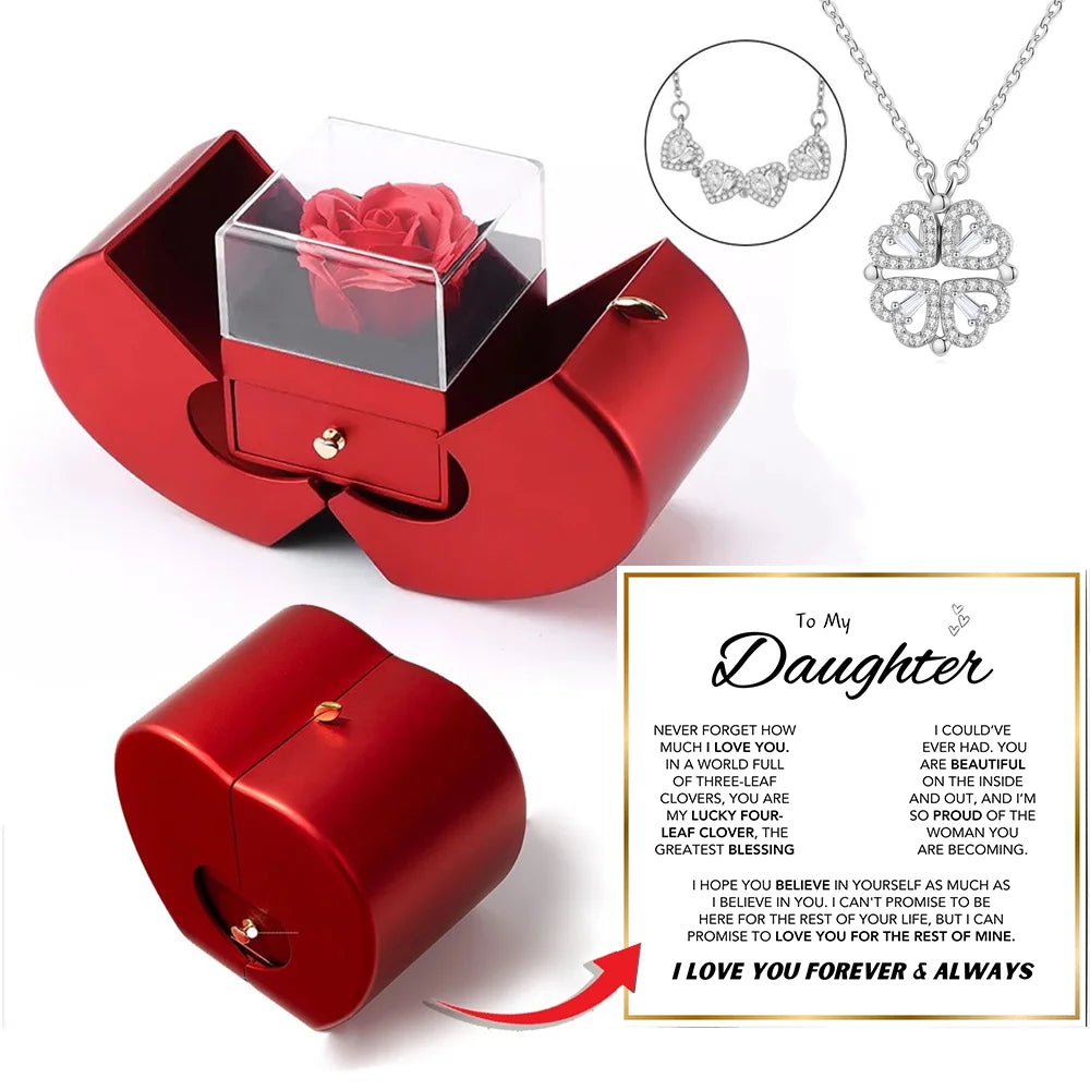 Daughter's 4-Leaf Clover "Lucky Charm" Necklace and Forever Rose Gift Box